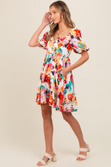 Multicolor Floral Puff Sleeve Dress