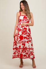 Red Floral Rick Rack Accent Maternity Midi Dress