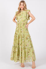 Lime Floral Chiffon Ruffle Shoulder Tiered Maternity Maxi Dress