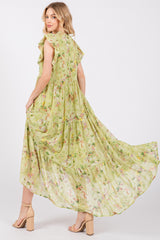 Lime Floral Chiffon Ruffle Shoulder Tiered Maxi Dress