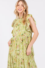 Lime Floral Chiffon Ruffle Shoulder Tiered Maxi Dress