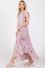 Lavender Floral Chiffon Ruffle Shoulder Tiered Maxi Dress