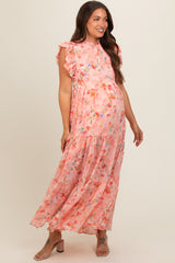 Peach Floral Chiffon Ruffle Shoulder Tiered Maternity Maxi Dress