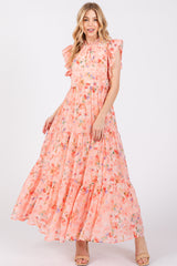 Peach Floral Chiffon Ruffle Shoulder Tiered Maternity Maxi Dress