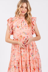 Peach Floral Chiffon Ruffle Shoulder Tiered Maxi Dress