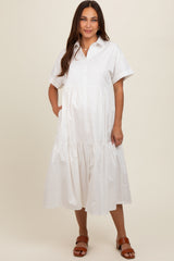 White Tiered Button Down Maternity Midi Dress