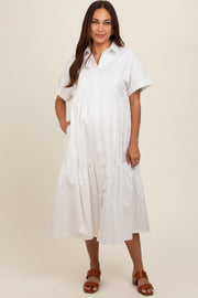 White Tiered Button Down Maternity Midi Dress