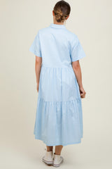 Light Blue Tiered Button Down Maternity Midi Dress