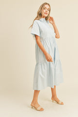 Light Blue Tiered Button Down Midi Dress