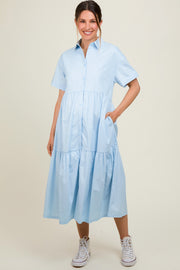 Light Blue Tiered Button Down Maternity Midi Dress