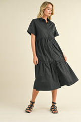 Black Tiered Button Down Maternity Midi Dress