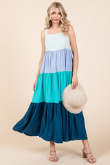 Blue Tiered Colorblock Maternity Maxi Dress