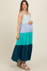 Blue Tiered Colorblock Maternity Maxi Dress