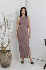 Taupe Sleeveless Knit Side Slit Maternity Midi Dress