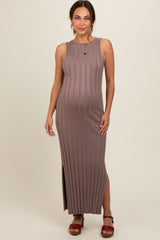 Taupe Sleeveless Knit Side Slit Maternity Midi Dress