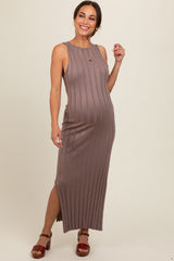 Taupe Sleeveless Knit Side Slit Maternity Midi Dress