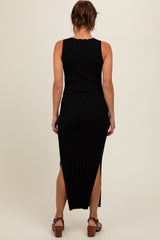 Black Sleeveless Knit Side Slit Maternity Midi Dress