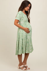 Light Olive Floral Tiered Maternity Midi Dress