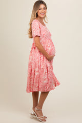 Pink Floral Tiered Maternity Midi Dress