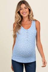 Blue Floral Ribbed Henley Maternity Tank Top