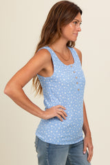 Blue Floral Ribbed Henley Tank Top