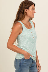 Mint Green Floral Ribbed Henley Tank Top