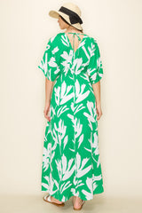 Green Floral Double V-Neck Front Slit Maxi Dress