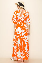 Orange Floral Double V-Neck Front Slit Maxi Dress