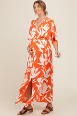 Orange Floral Double V-Neck Front Slit Maternity Maxi Dress