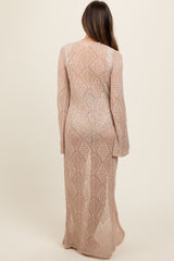 Beige Crochet Knit Long Maternity Cover Up