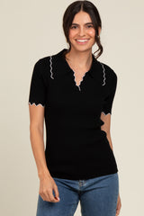 Black Ribbed Scallop Trim Split V-Neck Short Sleeve Maternity Top