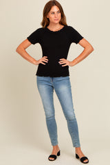 Black Ruffle Trim Ribbed Top