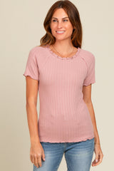 Mauve Ruffle Trim Ribbed Top