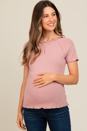 Mauve Ruffle Trim Ribbed Maternity Top