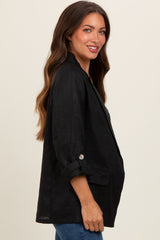 Black Linen Rolled Cuff Maternity Blazer