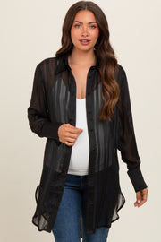 Black Sheer Stripe Button Down Maternity Blouse