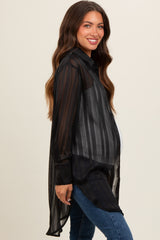 Black Sheer Stripe Button Down Maternity Blouse