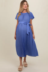 Blue Pleated Sash Tie Maternity Midi Dress