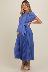 Blue Pleated Sash Tie Maternity Midi Dress