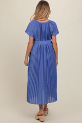 Blue Pleated Sash Tie Maternity Midi Dress