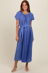 Blue Pleated Sash Tie Maternity Midi Dress