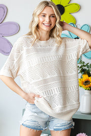 Ivory Crochet Knit Short Sleeve Sweater Top