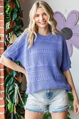 Periwinkle Crochet Knit Short Sleeve Sweater Top