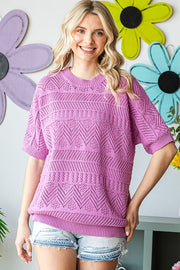 Violet Crochet Knit Short Sleeve Sweater Top