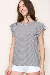 Ivory Striped Flutter Sleeve Top