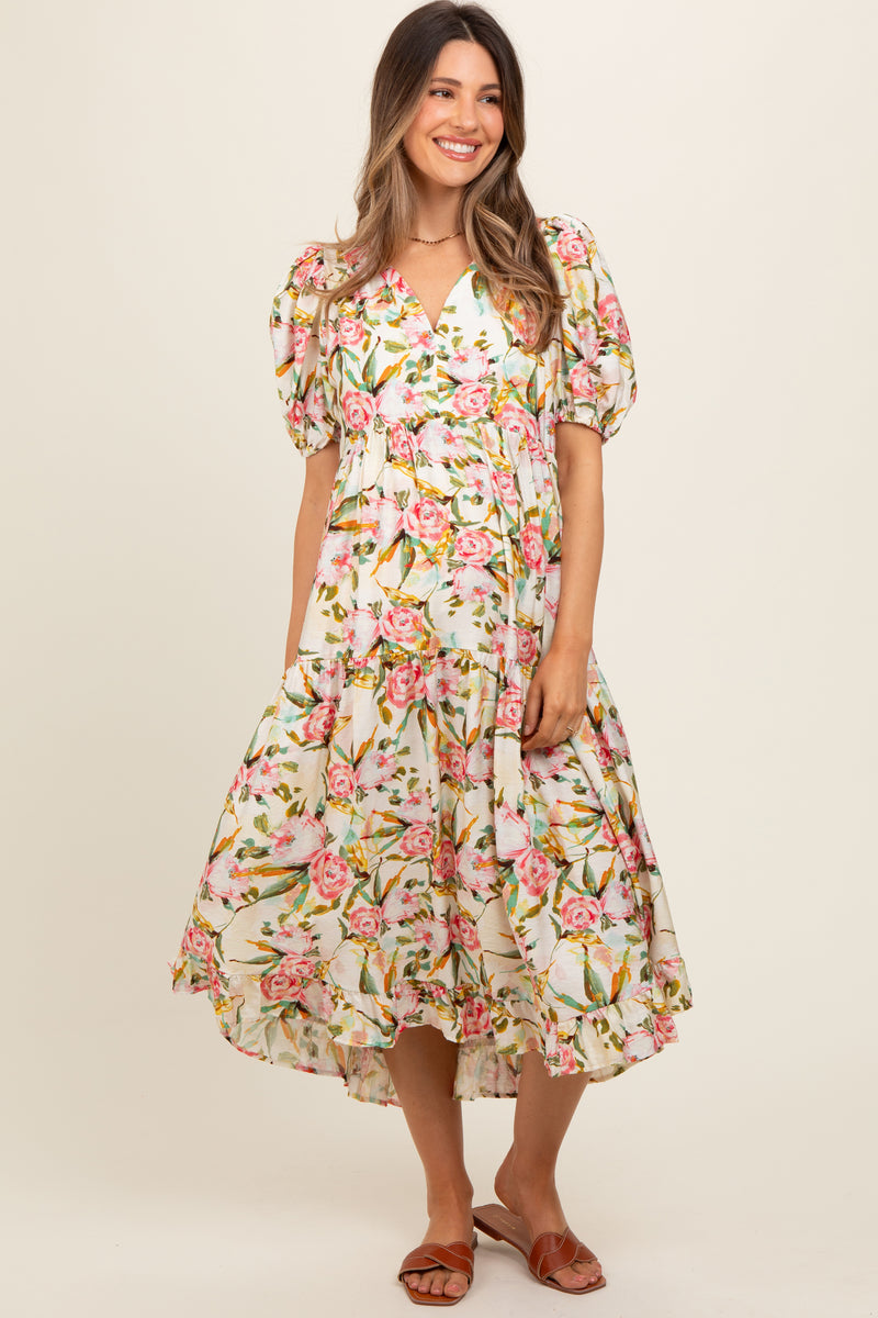 Cream Floral V-Neck Tiered Maternity Midi Dress – PinkBlush