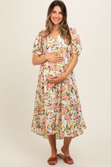 Cream Floral V-Neck Tiered Maternity Midi Dress