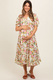 Cream Floral V-Neck Tiered Maternity Midi Dress