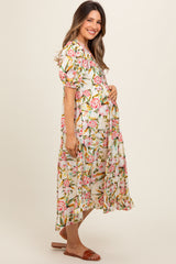 Cream Floral V-Neck Tiered Maternity Midi Dress