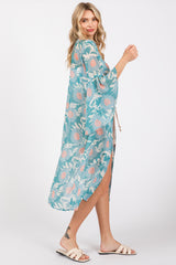 Teal Floral Bell Sleeve Cover-Up